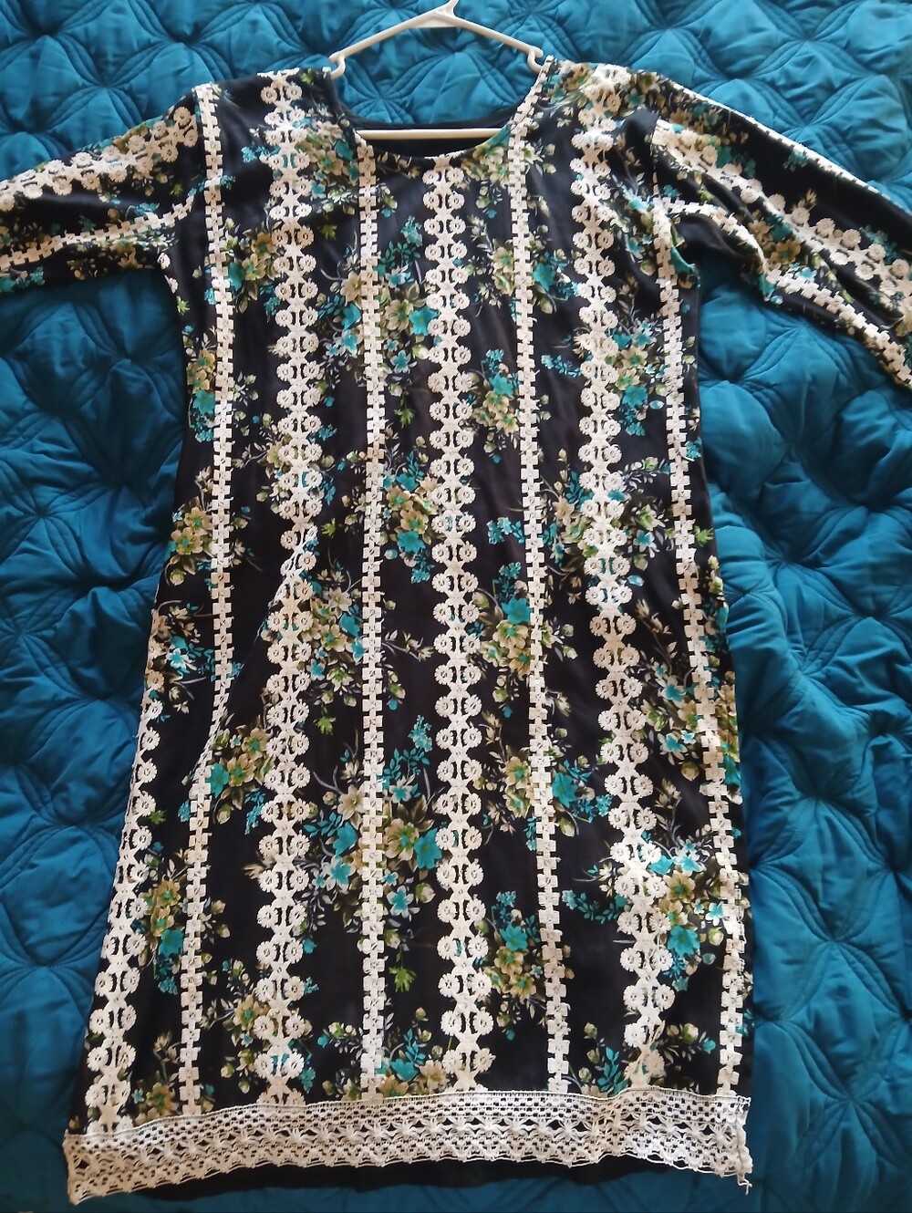 Indian Ethnic Bohemian Embroidered Midi Dress / Kurta with 3/4 Sleeves - Bust 21